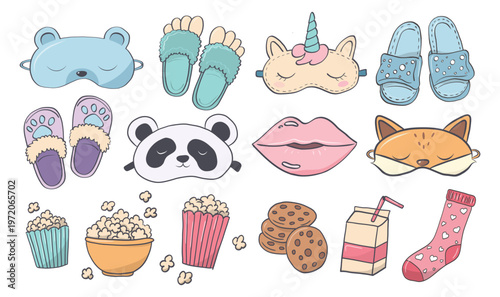 Pajama day slumber party sleeping doodle hand drawn set with animal slippers masks, popcorn, cookies and socks for kids event designs.
