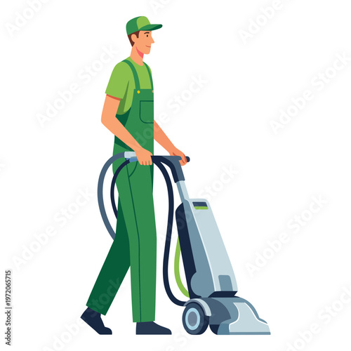 A man in green overalls operates a vacuum cleaner indoors.