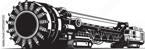 Industrial tunnel boring machine, heavy construction equipment, vector illustration, black and white