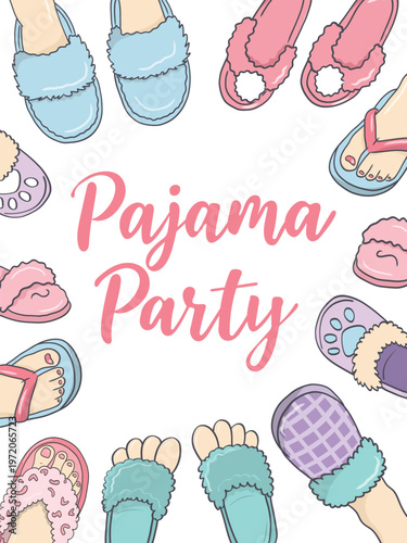 legs Pajama day card slumber party sleeping doodle hand drawn pattern with assorted slippers and lettering script for invitations and prints.