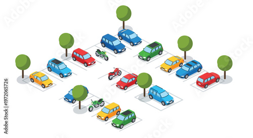 Isometric illustration of a city parking lot with various vehicles