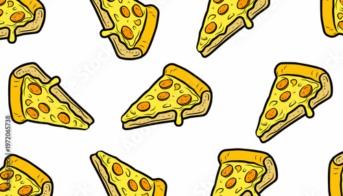 Chicago Pizza Pattern Design. Seamless Deep Dish Illustration. Stuffed Crust Pizza Motif. Handdrawn Fast Food Style.