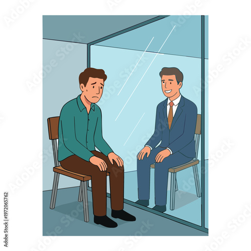 Two men sit facing each other in a counseling session through a glass wall