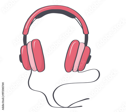 Pink headphones hand drawn illustration with cable for music, podcast, sleep aid or pajama party themed.