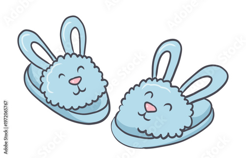 Blue bunny shaped slippers with fluffy trim and ears, hand drawn cartoon doodle illustration for pajama day, slumber party and cozy home sleeping designs.
