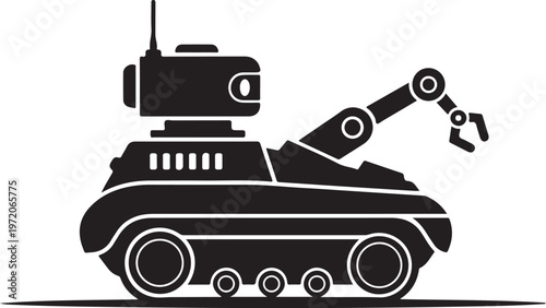 Robotic Tank, Industrial Robot Arm, Black Vector Icon, Military Vehicle
