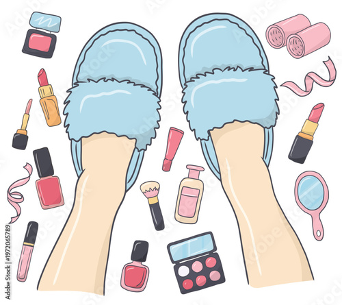 Women legs in fluffy blue slippers surrounded by makeup and beauty items, hand drawn cartoon doodle illustration for pajama party and self care every day routine