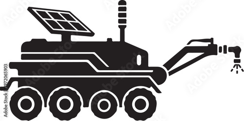 Black robotic rover with solar panel, robotic arm, and wheels, industrial robot vector icon