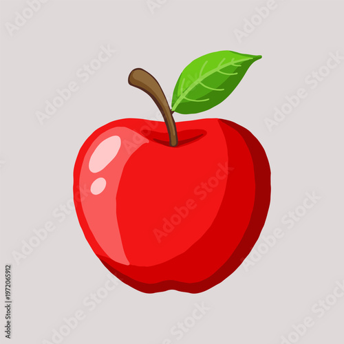 Fresh red apple vector illustration with green leaf for healty food design and education themes. Hand drawn red apple icon