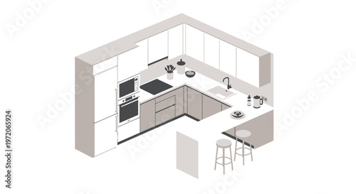 Isometric view of a modern minimalist kitchen with grey and white cabinets
