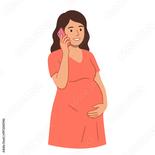 A pregnant woman talks on phone with happiness