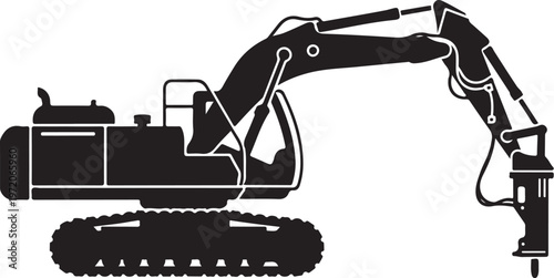 Heavy duty excavator, construction equipment, industrial machinery, black vector icon