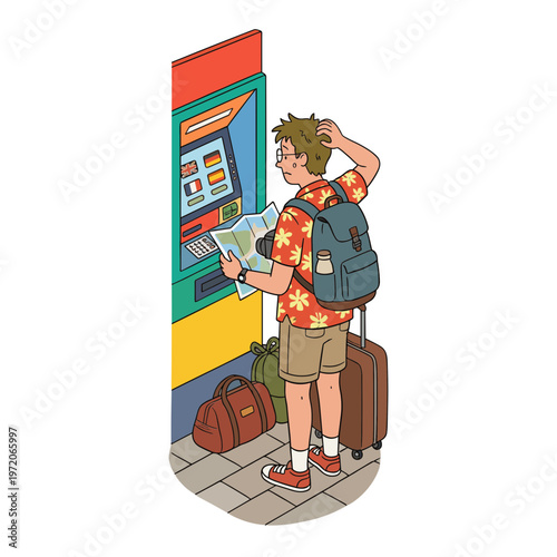 Man checks travel map on ticket vending machine at station with luggage