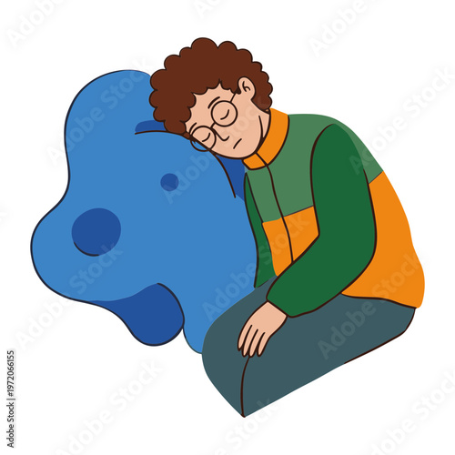 A man sleeps peacefully with a blue dog pillow.