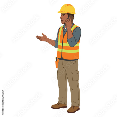 Man in safety gear talks on phone at construction site wearing vest