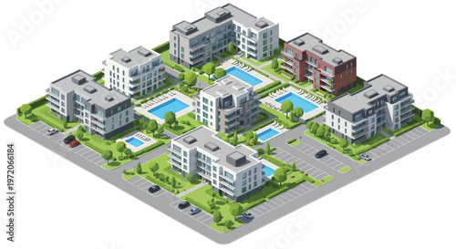 Isometric illustration of a modern residential complex with pools and greenery