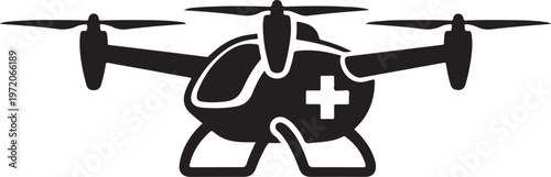 Black helicopter icon, medical rescue drone, emergency services symbol, vector graphic