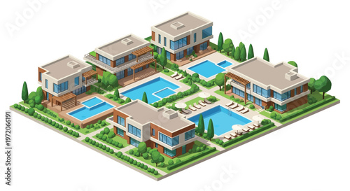 Isometric view of a luxury resort with multiple villas and swimming pools