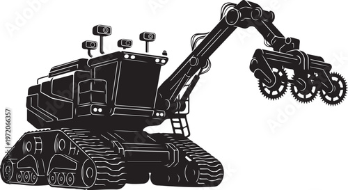 Black excavator, heavy machinery, construction equipment, industrial vector