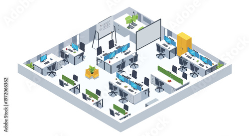 Isometric view of a modern open plan office space with multiple workstations