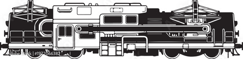 Vector train, diesel locomotive, side view, black and white, transportation, railroad, illustration