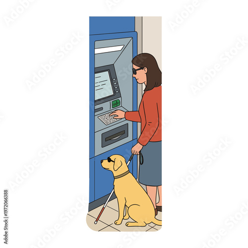 Woman uses ATM with guide dog outside bank location.