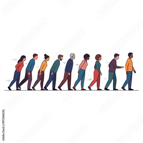 People walking in line interact with each other in a modern diverse community setting.