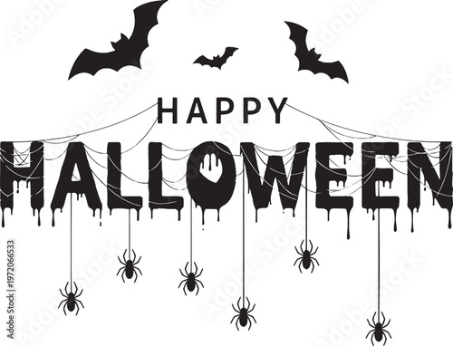 A spooky Halloween vector illustration set featuring black bird silhouettes, a gnarled tree branch, and cartoon nature elements in a grunge art design for seasonal cards and decorations