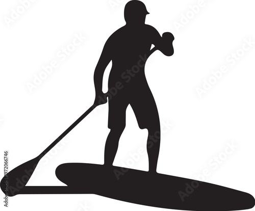 Stand up paddleboard, SUP silhouette, man paddling, water sports icon, black vector