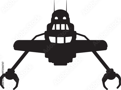 Black silhouette robotic drone, industrial robot, mechanical flying machine, futuristic aircraft
