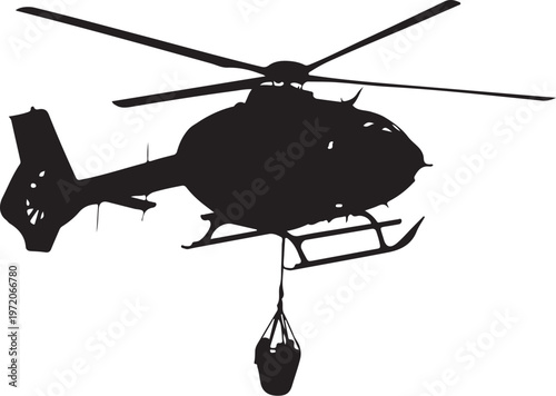 Black helicopter silhouette, cargo hook, rotor blades, aircraft icon, transportation symbol