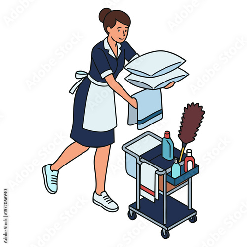 A woman in a maid uniform walks while carrying clean linens on a cart filled with cleaning supplies.