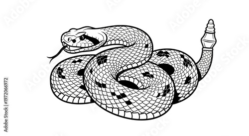 Black and white coiled venomous snake.