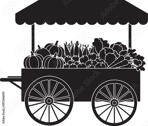 Black and white vector illustration, farm market cart, fresh produce stand, vegetables and fruits