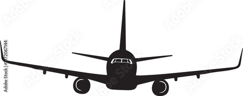 Airplane silhouette, commercial jet icon, black aircraft symbol, transportation vector
