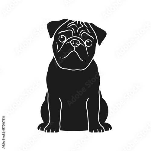 Black Pug Dog Sitting Alone.