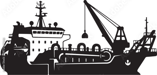 Industrial cargo ship, tanker vessel, crane ship, maritime transport, black silhouette