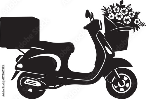 Black scooter, delivery scooter, flower bouquet, vector illustration, transportation, delivery service