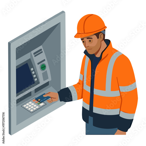 A worker in an orange vest operates a large industrial control panel.