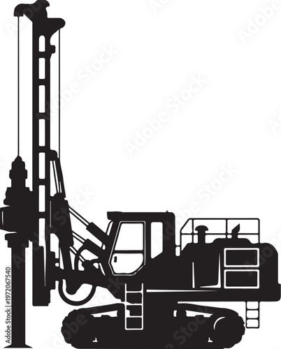 Drilling rig, heavy equipment, construction machinery, industrial vehicle, black silhouette