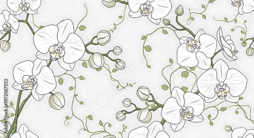 White orchid flowers and green leaves on white background