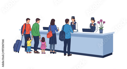 People queuing at an airport check in counter with staff assisting