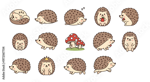 Hedgehogs in various cute cartoon poses.