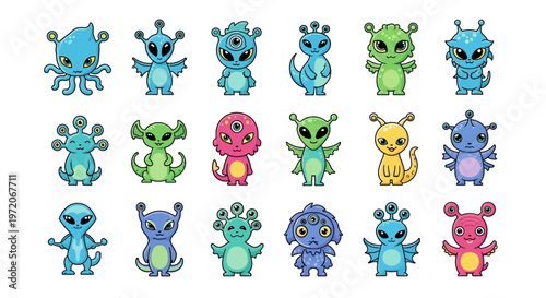 Colorful Alien Cartoon Characters Collection.