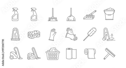 Cleaning supplies and tools icons.