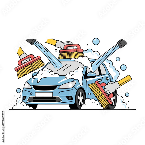 Car being washed with brushes.