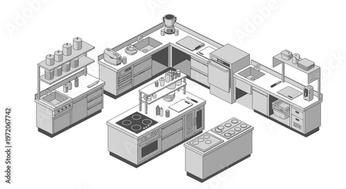 Isometric illustration of a professional kitchen with various stainless steel equipment