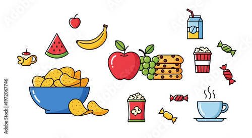 Colorful illustration of various snacks.