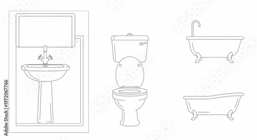 Bathroom plumbing fixtures line drawings.