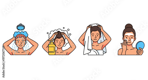 Women doing hair care routine actions.